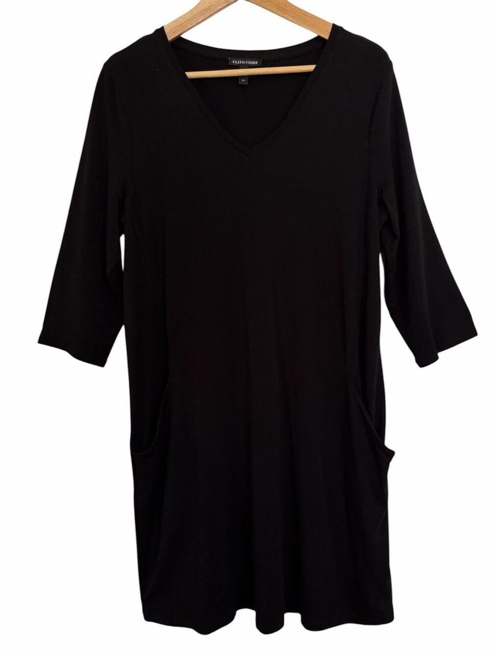 Eileen Fisher S Black Tencel Lyocell V Neck 3/4 Slv Pockets Shift Dress Stretch
